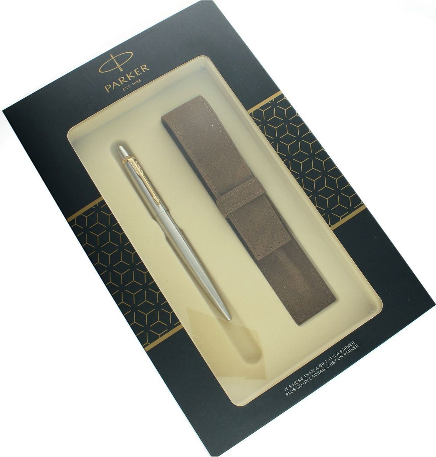 Zestaw Parker S0825330ETUI – srebrny długopis ze złotem + brązowe skórzane etui (2).jpg